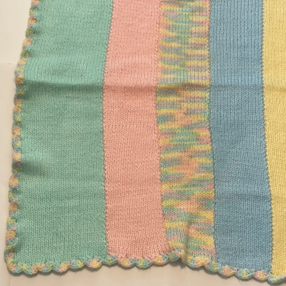 Handmade Knit Baby Blanket Pastel Stripe Scallop Crochet Edge Multi Color 30X38